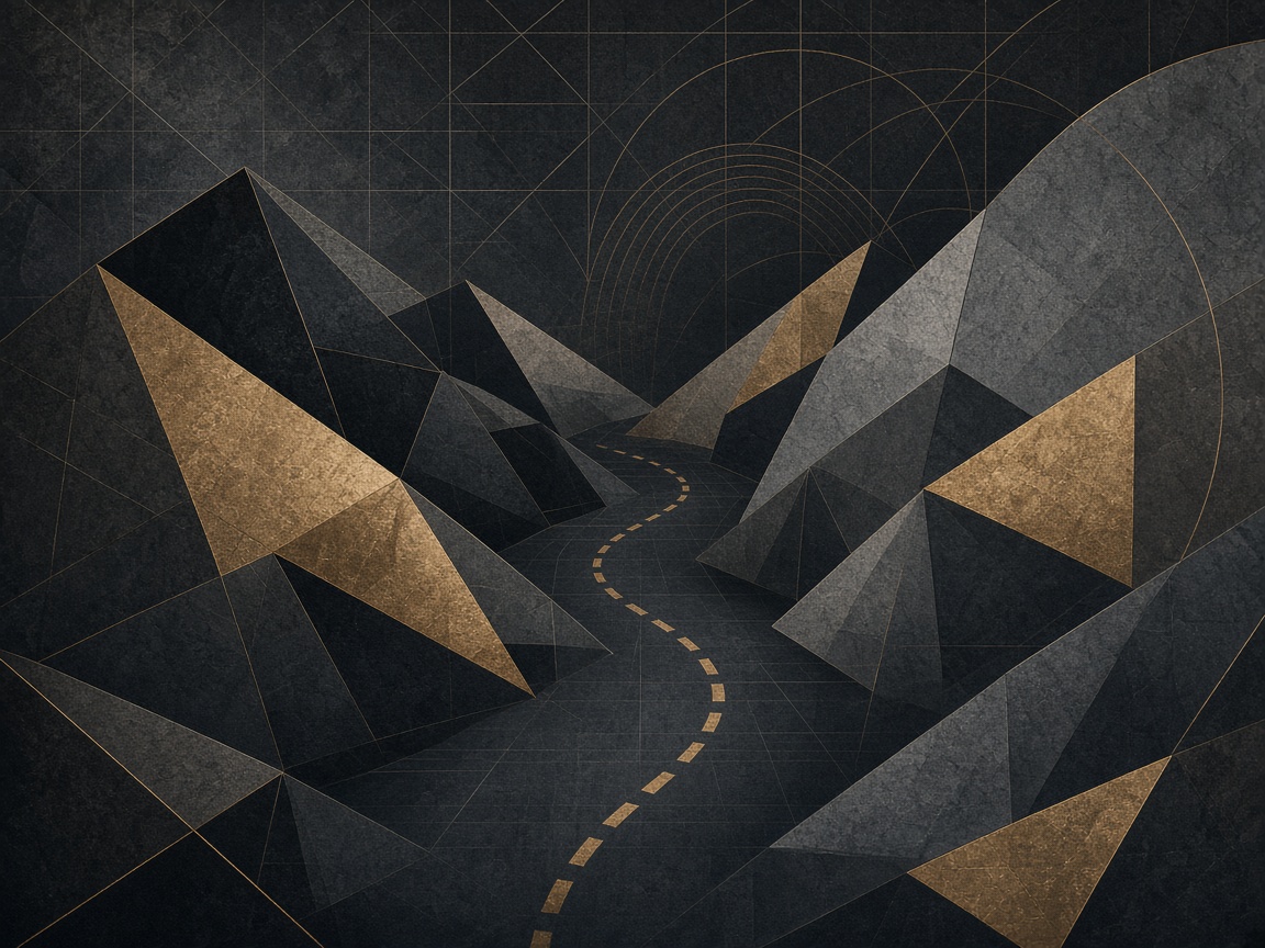 Abstract geometric valley path through bronze mountain facets